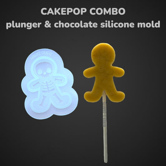 GINGERBREAD MAN SKELETON - CAKEPOP COMBO Plunger & Chocolate Silicone Mold (With Lollipop Stick, Paper Straw or Popsicle Stick Guide Options) - Made in USA